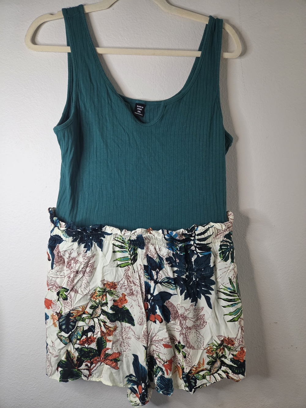 Green Ribbed Tank Dress with Floral Print Romper